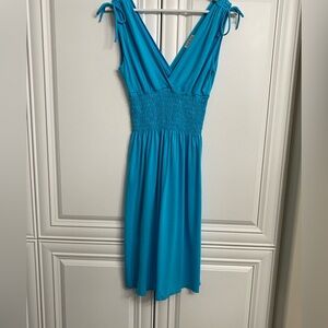 MKM Design Women’s Sz Medium Sleeveless Blue  V Neck Smocking Shoulder Ties Midi